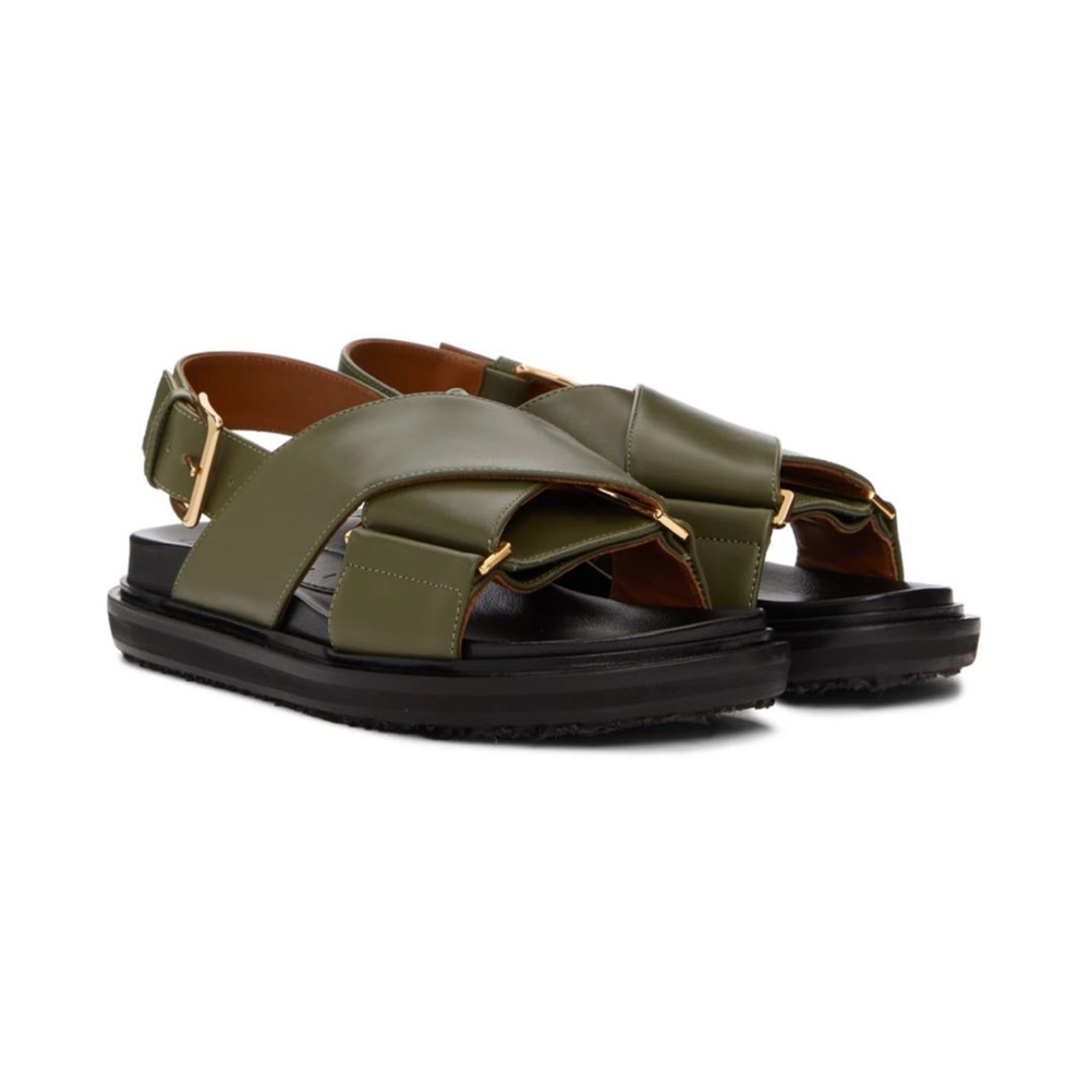 $795 Marni Fussbett Olive Green Leather Sandals Criss Cross Sz 40 Sz 9 Buckle